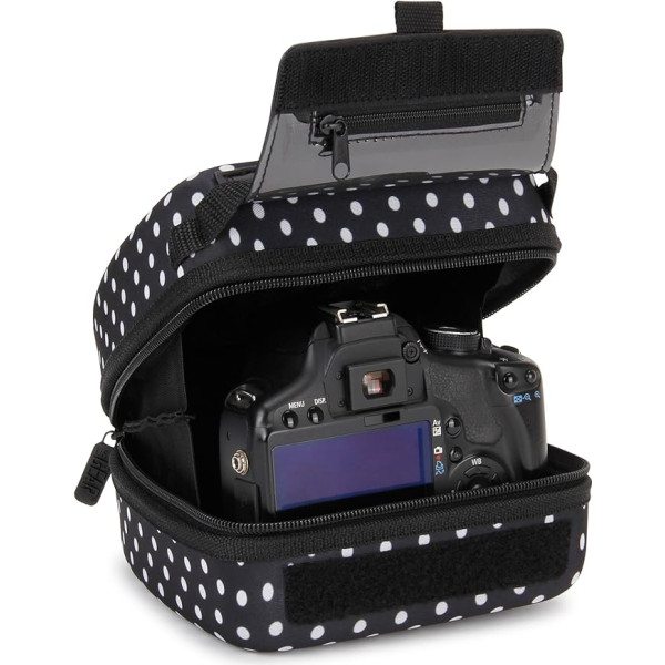 USA Gear DSLR kameras futrālis ar veidotu EVA cieto korpusu, ātras piekļuves portu, polsterētu iekšpusi un gumijas pārklājumu, saderīgs ar Nikon, Canon un citām kamerām (Polka Dot)