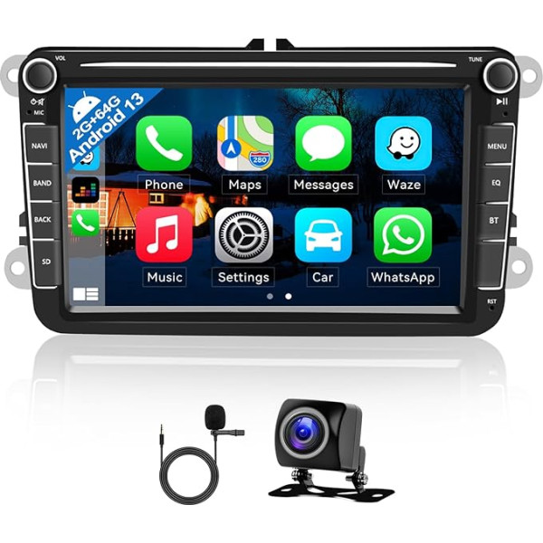 [2+64G] Android 11 auto radio ar Carplay VW Golf 5 6 Polo Skoda Caddy T5 Passat, 2 DIN radio ar navigāciju 8 collu ekrāns Bluetooth WiFi / GPS FM + AHD atpakaļgaitas kamera un mikrofons