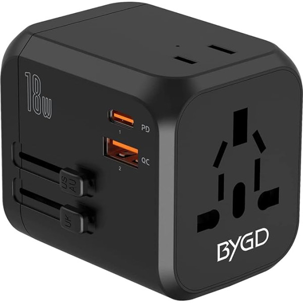 BYGD universālais ceļojuma adapteris, maiņstrāvas daudzfunkcionālais pārveidotājs ar dubulto kontaktligzdu PD/QC 3.0 18W Fast Charge European Standard Universal Conversion