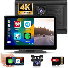 Bezvadu Apple Carplay un Android auto 10,1 collu portatīvais stereo uztvērējs ar 4K Dash Cam priekšējo kameru, AHD aizmugures skata kameru, 15 m video kabelis, Bluetooth, Mirror Link, FM raidītājs, AUX kabelis, 64 GB TF karte