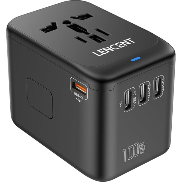 LENCENT 100 W starptautiskais ceļojuma adapteris, GaN universālā ceļojuma kontaktdakša ar 1 USB-A un 4 C tipa strāvas adapteri, ātrs lādētājs telefoniem, klēpjdatoriem, pasaules mēroga kontaktdakšas adapteris ASV, Lielbritānijai, ES un ASV, 