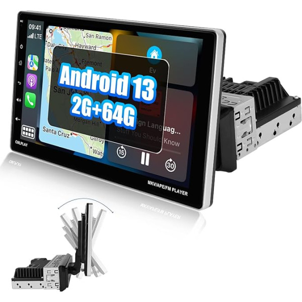 Bezvadu Android 13: 2+64G auto radio 1 DIN ar bezvadu Carplay un vadu Android, 9 collu HD skārienekrāns ar WiFi/GPS/Bluetooth/Mirror Link/USB/FM/RDS/AUX/EQ/SWC