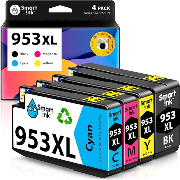 Smart Ink saderīgas tipogrāfijas kasetnes, kas paredzētas HP 953XL 953 XL 4 Multipack (Black XL & Blue Red Yellow) ar uzlabotu mikroshēmu tehnoloģiju, kas paredzētas Officejet Pro 7720 7730 7740 8210 8218 8710 8 718 8. 720