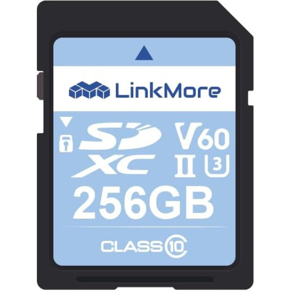 LinkMore SD karte 256GB, XV26 SDXC atmiņas karte, UHS-II SD karte, U3, V60, atmiņas karte kamerai 8K, 4K video, līdz 250MB/s lasīšanas un 200MB/s rakstīšanas ātrums