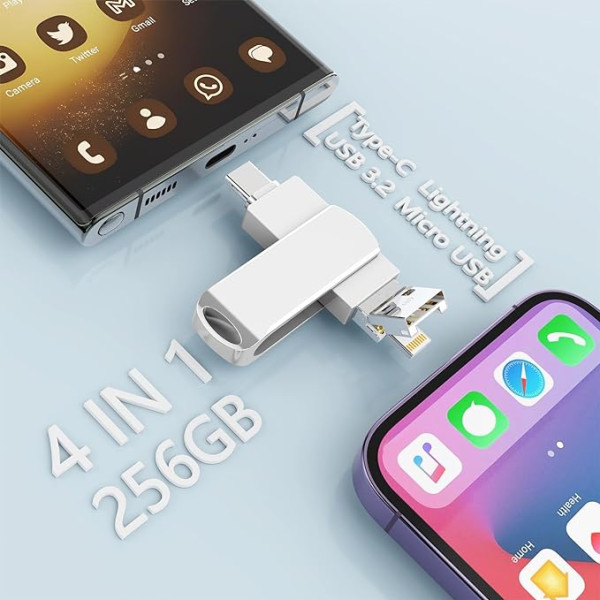 USB 3.0 zibatmiņas zibatmiņas 256 GB, USB C zibatmiņas zibatmiņas zibatmiņa 4 in 1 Typ-C + USB 3.0 + Lightning + Micro USB, iPhone ārējā zibatmiņas zibatmiņa, saderīga ar iPhone/iPad/MacBook/Android/Laptop/Tablet/PC