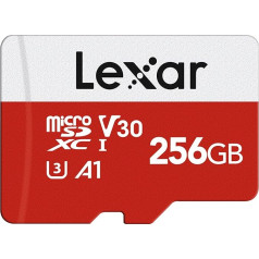 Lexar E-Series 256GB Micro SD karte, microSDXC UHS-I zibatmiņas karte ar adapteri, 100MB/s, C10, U3, A1, V30, Full HD, 4K UHD, ātrgaitas TF karte