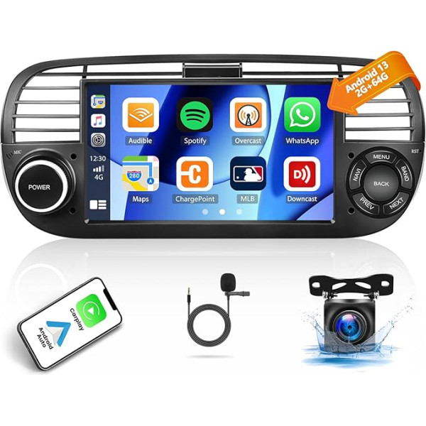 Android auto radio Fiat 500 2007-2015 ar CarPlay Bezvadu Android auto, 7 collu skārienjūtīgais ekrāns, auto radio ar Mirrorlink GPS navigāciju/WiFi, Bluetooth, SWC, FM/RDS, EQ radio + atpakaļgaitas kamera un mikrofons