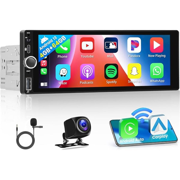 2+64GB Android 13 Wireless Carplay Auto radio 1 DIN ar satelītnavigāciju 6,86 collu skārienjūtīgais displejs Radio ar Android atbalstu Bluetooth brīvroku komplekts DVR EQ FM/RDS USB + atpakaļgaitas kamera