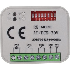 Universāls uztvērējs, kas saderīgs ar GiBiDi AU01590 / AU1680 / AU1810 / AU1600 / Domino 433,92 MHz tālvadības pulti. 2-kanālu radio uztvērējs 433-868 MHz ritošais/fiksētais kods 12 - 24 VAC/DC uztvērējs