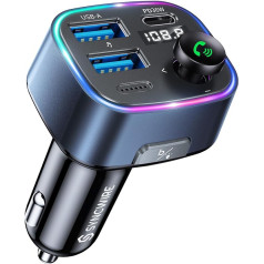 SYNCWIRE Bluetooth 5.3 FM Transmitter Car Charger 48W (PD 36W &12W) Dual USB Port Charger Car Adapter Wireless Radio LED Display Support 64GB USB Drive Light Switch Blue