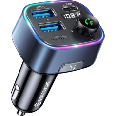 SYNCWIRE Bluetooth 5.3 FM siųstuvas automobilinis įkroviklis 48W (PD 36W ir 12W) Dviejų USB prievadų įkroviklis automobilinis adapteris Belaidis radijo imtuvas LED ekranas palaiko 64GB USB diską Šviesos jungiklis mėlynas