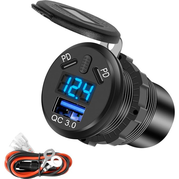 12 V auto USB C ligzdas lādētājs Auto QC3.0 PD C tipa USB ar LED voltmetra slēdzi Cigarešu aizdedzinātāja USB ātrās uzlādes auto lādētājs Ūdensizturīgs auto motocikla motociklam Motocikla moto māju lādētājs