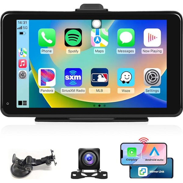 Podofo Bezvadu Apple Carplay Android auto radio ar 7 collu IPS skārienekrānu, Carplay ekrāns ar GPS/WiFi Bluetooth FM raidītāju Siri/Google Airplay atpakaļgaitas kamera + piesūcekņa turētājs