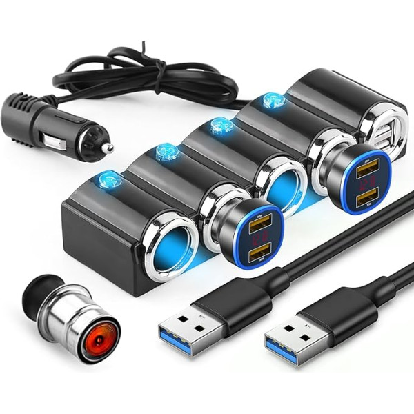 4 Way Car Charger Cigarette Lighter Splitter Power Supply with Multiple Socket Dual USB Plug 12V-24V