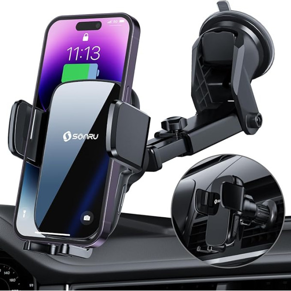 SONRU Handyhalterung Auto mit Ladefunktion, 15W Qi Induktive ladestation Auto, Fast Wireless Charger Lüftung/Saugnapf Kabelloses Kfz Ladegerät für iPhone Samsung LG usw