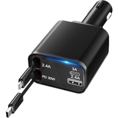 COCIVIVRE Einziehbares Auto Ladegerät,Handy Schnellladegerät Auto Zigarettenanzünder SteckerAdapter Kompatibel mit iPhone15/15 Pro Max/14/13/12/11/Galaxy S24/S23/S22/S21