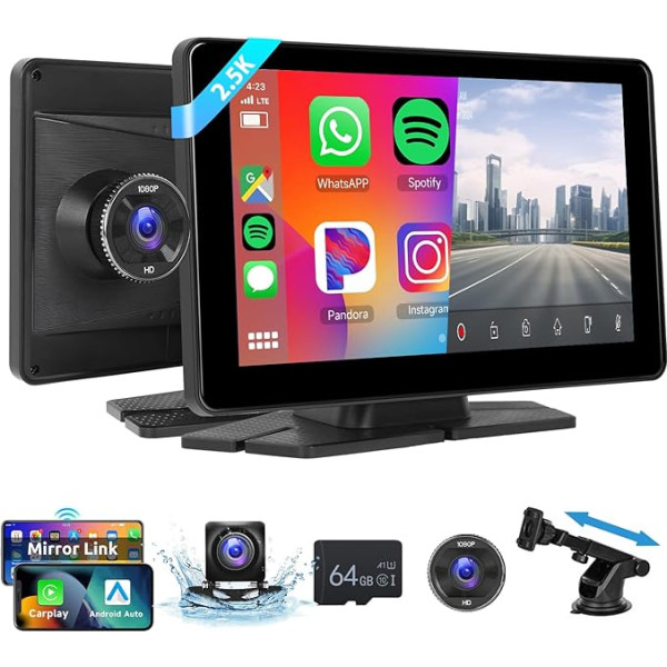 Hodozzy Portatīvais auto radio 2.5K Dashcam Bezvadu Carplay Android auto displejs 7 collu IPS skārienjūtīgais ekrāns ar priekšējo un aizmugurējo kameru, Bluetooth auto ekrāns AirPlay, WiFi video, 64G karte FM/AUX