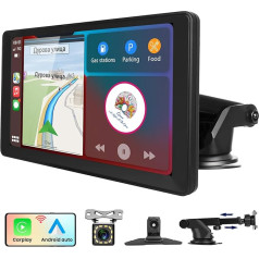 Hodozzy Auto radio bezvadu Carplay un Android auto, portatīvais ekrāns 9 collu skārienjūtīgais ekrāns Portatīvais Bluetooth auto radio ar aizmugures skata kameru, EQ FM Type-C/AUX/TF, Carplay displejs automašīnā