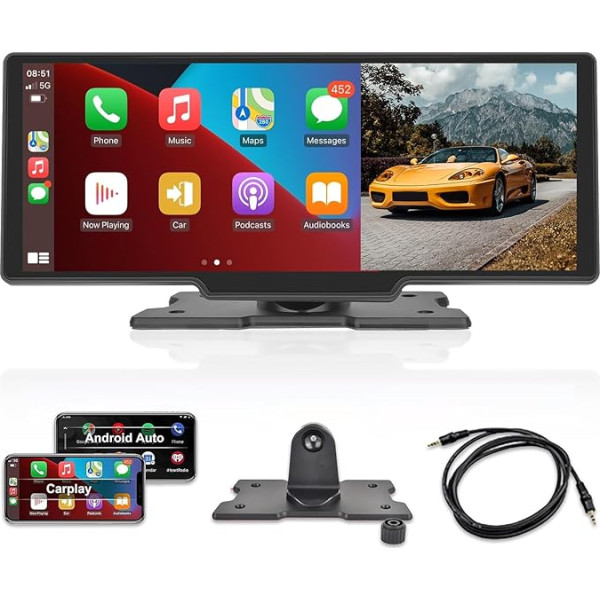 10,3 collu HD auto draudzīgs skārienjūtīgais ekrāns, Apple Car Play & Android Car, FM pārraide, Bluetooth transportlīdzekļiem no 7V-32V + 64G TF karte