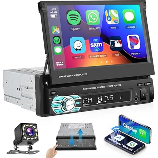 Podofo 1din Auto radio Carplay Android Auto spoguļa saite Manuālais pagarinājums ar ekrānu 7 collu Bluetooth FM/7 krāsu atslēgu apgaismojums/ tālvadības pults EQ///USB/ stūres vadības pults/AUX/MIC/SD/Reversijas kamera