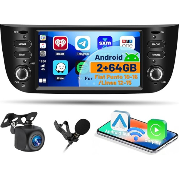 Hikity Android 13 Auto radio ar navigācijas sistēmu Fiat Punto 2010-2016 Fiat Linea 2012-2015, bezvadu Apple CarPlay & Android Car, 6,2 collu skārienjūtīgais ekrāns RDS FM radio GPS WiFi atpakaļgaitas kamera