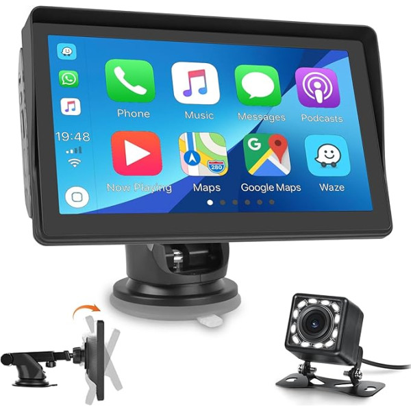 Podofo Portatīvais bezvadu radio Bezvadu Carplay Bezvadu Android automašīnas Bluetooth 5.1 USB SD Ievietot FM raidītājs 12 LED atpakaļgaitas kamera Plug Play Spoguļa saite Viegla uzstādīšana 12-26 V