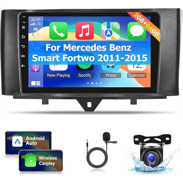 Auto radio Mercedes Benz Smart Fortwo 2011-2015 ar Wireless Carplay un Android Car - Android 13 Radio ar 9 collu skārienjūtīgo ekrānu - WiFi GPS Mirror Link 28 tēmas + atpakaļgaitas kamera un mikrofons