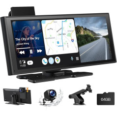 Volam 9,26 collu pārnēsājams auto radio Carplay ekrāns ar 4K Dash Cam priekšējā aizmugurējā 1080P atpakaļgaitas kamera, bezvadu A-pple CarPlay Android Car, Mirror Link, GPS, G-oogle/Siri, FM/AUX, 64G SD karte