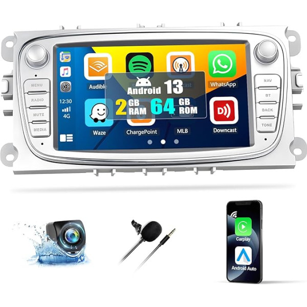 2G+64G Carplay Android 13 Autoradio für Ford Focus C-Max S-Max Mondeo Kuga Galaxy mit Android Auto,7 Zoll Kapazitiver Touchscreen Radio mit GPS WiFi Bluetooth FM/RDS SWC USB+AHD Rückfahrkamera+MIC