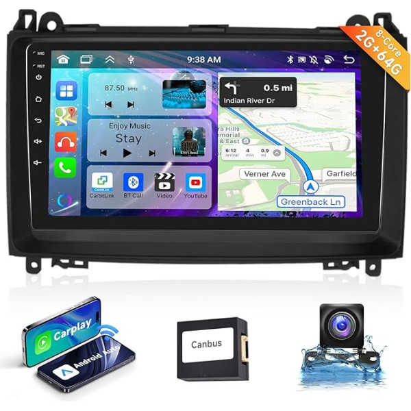 2 + 64G auto radio 2 Din bezvadu Carplay Android automašīnai ar 9 collu ekrānu Mercedes-Benz B200 2008-2011 ar navigāciju HiFi Bluetooth/RDS/FM radio/DVR/Mirror Link + AHD atpakaļgaitas kamera/MIC