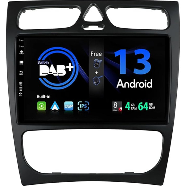 SXAUTO Android 13 -Built-in DAB- IPS Autoradio für Benz C/CLK Class C-Class W203 (2000-2004) - Eingebaut Carplay/Android Auto - Kamera + MIC - 4G+64G - 360-CAM Lenkradsteuerung Fast-boot -2 Din 9 Zoll