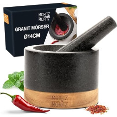 Moritz & Moritz Granīta kaplis ar smalcinātāju Liels 14 cm diametrs ar elegantu koka pamatni Garšaugu dzirnaviņas, kas lieliski piemērotas garšvielu, pesto vai pastas pagatavošanai