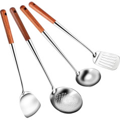 Torribaly 4 gabaliņu garš nerūsējošā tērauda Wok lāpstiņa Virtuves lāpstiņa ar rievām Turner Ladle Pavārmākslas piederumu komplekts Zupas lāpstiņa x 1, Wok lāpstiņa x 1, Skimmer lāpstiņa x 1, Lāpstiņa x 1