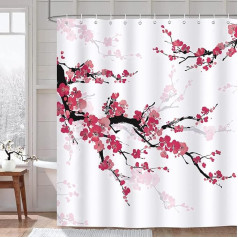 Bonhause dušas aizkars Cherry Blossom Japāņu sarkanās puķes dušas aizkari 180 x 200 cm Anti-Mould ūdensizturīgs poliestera auduma mazgājams vannas istabas aizkars vannas istabai ar 12 āķiem