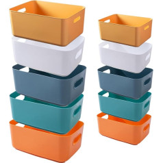 Pack of 10 Plastic Storage Boxes, Multiple Colours Organisation Storage Baskets for Kitchen, Cupboard, Office, Bathroom, Toy, Home Tidy Open Storage Bins with Handles (5 Pieces 24 x 17.5 x 9.5 cm + 5