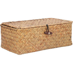 Rattan Basket Seagrass Storage Basket Baskets Containers Storage Container with Lid Rectangular Braided Storage Basket with Large Capacity for Clothes Fruit [S]