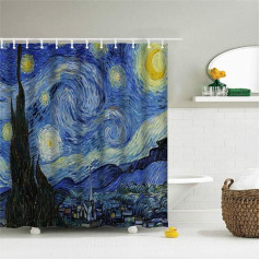 IcosaMro Starry Night Shower Curtain for Bathroom with Hooks, Van Gogh Stars Art Decorative Long Cloth Fabric Shower Curtain Bath Decorations - 71 W x 72 L, Blue