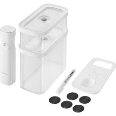 ZWILLING Fresh & Save Cube Cube Vacuum Starter Set, M izmērs, 5 daļu vakuuma uzglabāšanas komplekts, ieskaitot 2x Cube kastes M, vakuuma sūkni, mērkaroti, NFC etiķetes