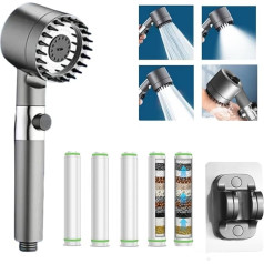 dshyuauoci Shower Head Water Saving Shower Head with Filter 4 Jet Types Activation Anti-Limescale Function Comes with 4 Filters One Hand Shower Holder No Drilling and Can Increase Water Pressure Grey