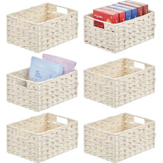 mDesign Rectangular Storage Basket - Practical Wicker Basket with Handles for Kitchen, Bedroom or Living Room - Modern Synthetic Fibre Storage Bin - Set of 6 - White