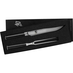 KAI Shun Classic japanisches Tranchier Set - Tranchiermesser 20 cm Klingenlänge Damast 32 Lagen VG MAX Kern - 61 (±1) HRC - Tranchiergabel 16,5 cm Zinken Edelstahl - Pakkaholzgriff schwarz