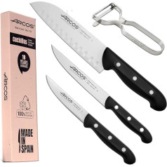 Arcos profesionālo japāņu nažu komplekts | 4 gabali | Dārzeņu nazis 100 mm + virtuves nazis 150 mm + Santoku ar alveolu 170 mm + kartupeļu mizotājs