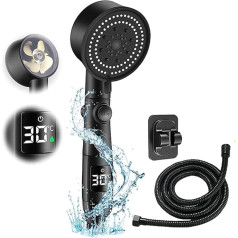 Shower Head Water Saving Water Saving Shower Head with Temperature Display, 2 m Hose for Shower Head with Water Stop, 5 Modes Economy Shower Head, High Pressure Shower Head