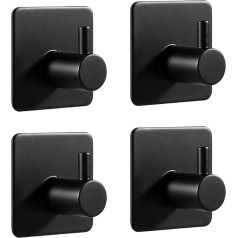 LJLink Self-Adhesive Hooks Wall Key Hooks Stainless Steel Hooks Matt Black Towel Hooks Heavy Duty Waterproof Modern Hooks for Bathroom Kitchen Bedroom Office 4 Pack