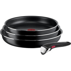 Tefal Ingenio Easy On 3 pannu komplekts + noņemams rokturis: 3 pannas 22/24/26 cm, nesadalāmas pannas, titāna pārklājums, termiskais signāls, piemērotas mazgāt trauku mazgājamā mašīnā un cepeškrāsnī.