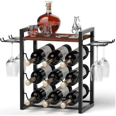 TIPSYTREE Countertop Wine Rack Koka vīna statīvs ar paplāti satur 9 vīna pudeles un 4 glāzes Brīvi stāvošs vīna statīvs mājas virtuves bāra vīna pagrabam