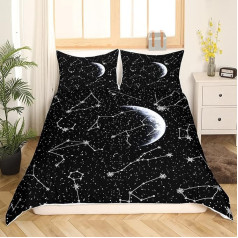 Homemissing Gultas veļa Zvaigžņojums 140 x 200 cm Zodiaka apdrukāts segas pārvalks Galaxy Starry Sky sega sega pārvalks Black White Space Moon Stars motīvs guļamistaba dekors 2 gab.