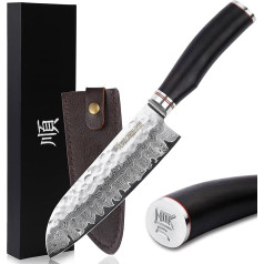 YOUSUNLONG Santoku nazis 7 collu (17,8 cm) šefpavāra nazis Japāņu kaltais damaskas tērauda koka rokturis Dabīgs svina koks ar ādas apvalku