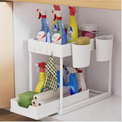 AIXPI Kitchen Organiser, 2 Levels, Under Sink Shelf with Hooks and Cup, Spice Rack, Dishwasher Organiser, Kitchen Shelf, Cupboard Organiser for Bathroom, Kitchen, White