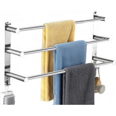 Tannest Towel Rail Wall Mounted 3-Tier Bath Towel Holder SUS 304 Stainless Steel Towel Rack with Hooks, 2 Installation Methods, Suitable for Bathroom, Kitchen, Office, Adjustable